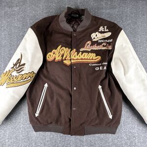 AL WISSAM Varsity Bomber Jacket Mens Sz XL Brown Wool Leather Logo 90s Vintage